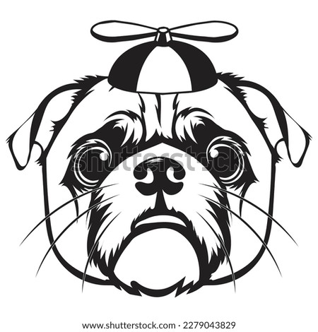 Pug Dog Clipart, Dog With Bamboo Copter, Silhouette Head Of A Pug, Black And White Vector Design Of Dog