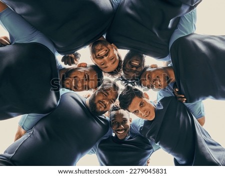 Low angle, fitness or rugby team in huddle with support or solidarity for competition, training game. Men group, happy smile or athletes in sports match or exercise together with pride or mission Royalty-Free Stock Photo #2279045831