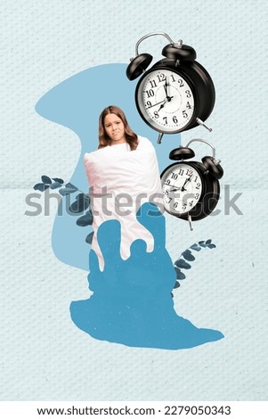 Composite creative photo collage depressed young schoolgirl dissatisfied wrapped blanket bedtime bad morning isolated on blue color background