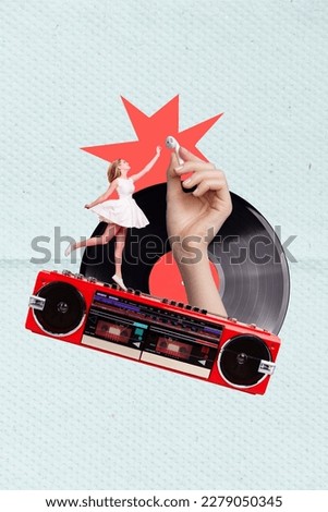 Vertical collage photo of youngster overjoyed dancing active lady wear elegant dress listen apple airpods vs boombox isolated on blue background