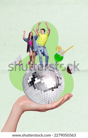 Photo collage artwork minimal picture of happy smiling lady guy dancing having fun disco ball isolated drawing background