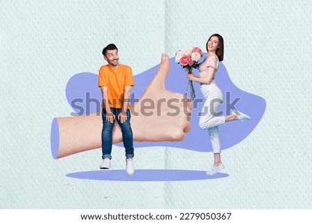 Collage 3d pinup pop retro sketch image of funny smiling couple celebrating 14 february isolated painting background