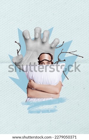 Photo cartoon comics sketch collage picture of scared lady hiding pillow afraid nightmares isolated drawing background