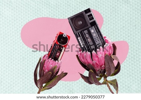 Photo cartoon comics sketch collage picture of boom boxes growing inside flowers isolated drawing background