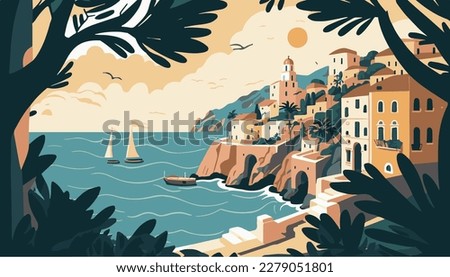 Mediterranean seaside. Vector illustration of european coast. Cartoon drawing of riviera. Holiday shore. Holiday destination. Beach with water. Town in Italy or greece. Romantic poster for travel. Royalty-Free Stock Photo #2279051801