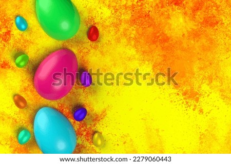 Colorful decorated eggs over yellow and orange background.