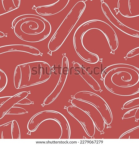 Grilled sausages sketch seamless pattern. Sausages hand engraving background. Print for packaging, paper and design, vector illustration Royalty-Free Stock Photo #2279067279