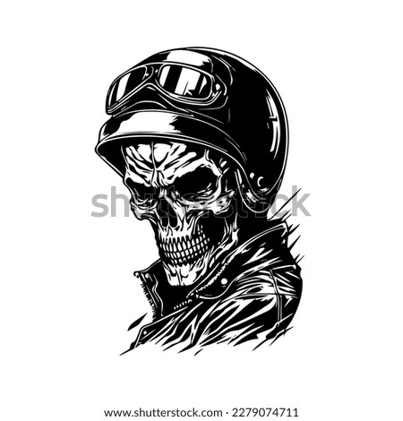Edgy and stylish Hand drawn line art illustration of a chicano skull biker wearing a helmet, showcasing a unique fusion of tough and sophisticated