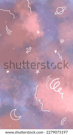 phone wallpaper night sky abstract background with cloud aurora pastel color cute beautiful pink purple lylac moon wind stars and planet shadow. Smartphone homescreen or lock screen modern wallpaper