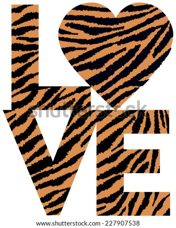 Retro-styled text design of LOVE with a heart symbol in an animal print pattern.