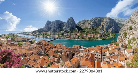 Landscape with Omis town and  Cetina river, aerial view from fortress, Croatia Royalty-Free Stock Photo #2279084881