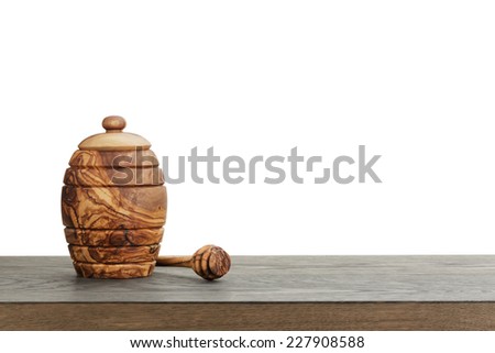 wooden honey pot with dipper, template for background