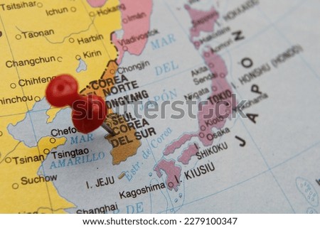 Map of South Korea, bordered to the north by Korea, to the East by the Sea of ​​Japan, to the South by the East China Sea, and to the West by the Yellow Sea, is a semiconductor manufacturer   Royalty-Free Stock Photo #2279100347