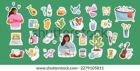 Set of self care icons. Love, relaxation, time, slow life concept. Pretty girl or woman hugging herself. Collection of stickers with heart shape elements. Flat vector illustration Royalty-Free Stock Photo #2279105811