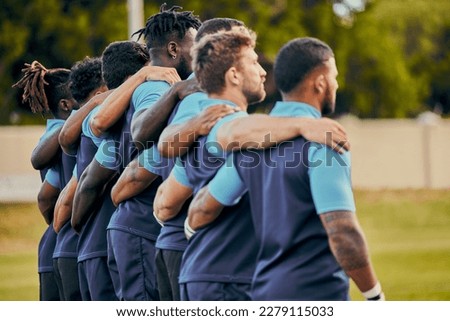 Rugby, team and sports with a group of men outdoor, standing together on a field before a competitive game. Collaboration, fitness and focus with teammates ready for sport at a stadium event Royalty-Free Stock Photo #2279115033