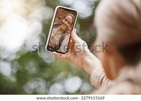 Hiking, phone selfie or happy woman in nature, forest or wilderness live streaming trekking adventure. Pictures, 5g social media online post or girl hiker walking in natural park or woods on holiday