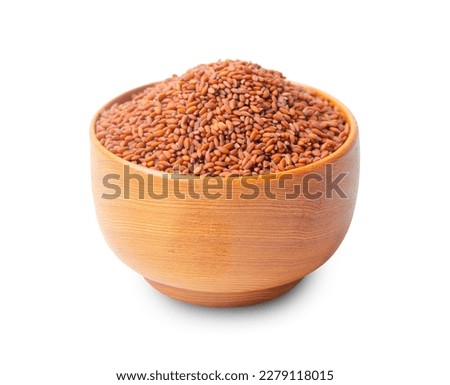 Cress Lepidium sativum seeds in wooden cup isolated on white background, Save clipping path. Royalty-Free Stock Photo #2279118015
