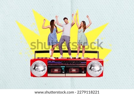 Creative template banner invite party have fun dancers chill disco ball boombox rhythm clubbing overjoyed isolated on blue color background