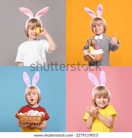 Photos of little boy with Easter eggs and bunny ears headbands on different color backgrounds. Collage design
