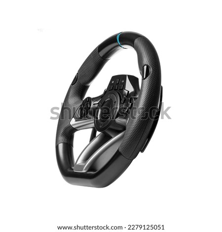Steering play wheel isolated. Racing wheel for computer driving simulator isolated on transparent or white background. Royalty-Free Stock Photo #2279125051