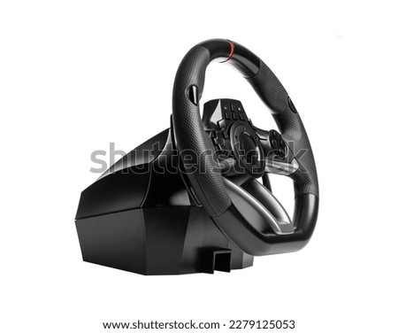 Steering play wheel isolated. Racing wheel for computer driving simulator isolated on transparent or white background. Royalty-Free Stock Photo #2279125053