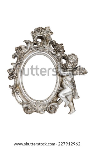Oval baroque silver picture frame with cupid isolated on white with clipping path.