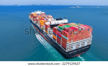 Stern of cargo ship carrying container and running for import goods from cargo yard port to custom ocean concept technology transportation , customs clearance. Freight Forwarding Service 