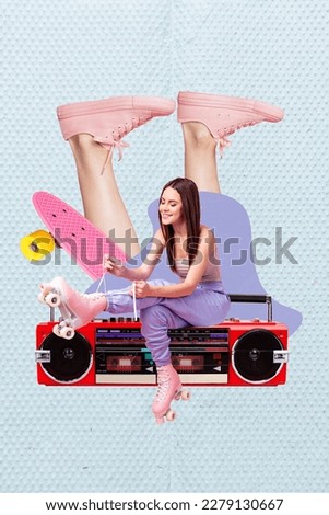 Creative vertical composite collage photo of youngster pretty woman wear rollerblades sport hobby listen retro boombox isolated on blue background