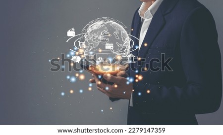 businessman Using smart phone and icon of Digital marketing internet advertising and sales increase business technology concept, online marketing, E-business, Ecommerce, Business online.