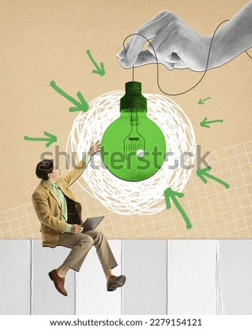 Businessman working on laptop, generating creative ideas for successful projects. Green light bulb symbolizing innovative approach. Contemporary art collage. Conceptual design. Concept of business