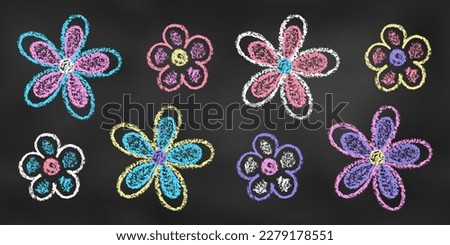 Set of Design Elements Flowers of Different Colors Isolated on Chalkboard Backdrop. Realistic Chalk Drawn Sketch. Kit of Textural Crayon Drawings of Spring Botanical Symbols on Blackboard. Royalty-Free Stock Photo #2279178551