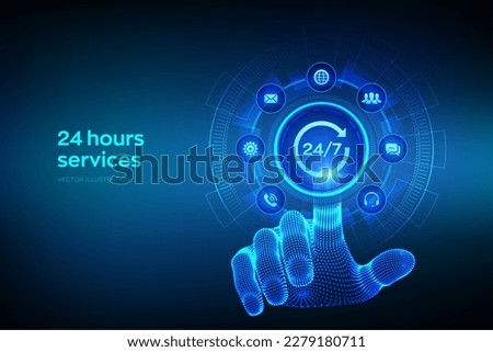 24 hours servises. 24-7 support. Technical support. Customer help. Tech support. Customer service, Business and technology concept. Wireframe hand touching digital interface. Vector illustration. Royalty-Free Stock Photo #2279180711