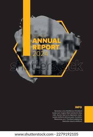 Vector abstract annual report cover template with sample text and abstract  masked photo - document or brochure front page with black corporate style and yellow hexagon shape