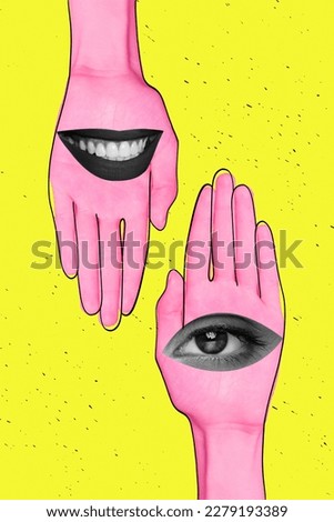Vivid picture template collage of two arms weird creature having toothy smile eyeball health dental oculist care