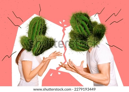 Creative weird picture collage of two tension pressure people arguing couple misunderstanding cause cactus faces