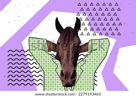 Creative surreal bright retro collage of comics character business person with horse face hands over head relaxing