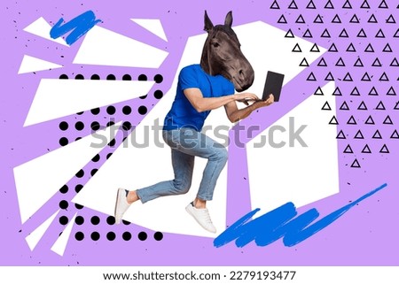 Creative unusual picture collage of person with horse face using netbook running follow sale for pet food