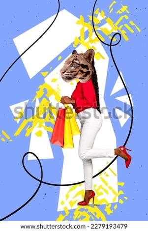 Creative picture template collage of beautiful fashionista elegant lady with cat head holding shopping bags sale concept