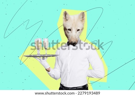 Creative strange image collage of luxurious stunning person with white polar wolf head serving sparkling wine on festive event