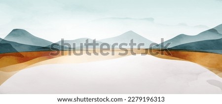 Landscape watercolor art background with mountains and hills on the sea or lake in blue and gold colors. Vector banner in a minimalistic style for decoration, print, wallpaper, interior design. Royalty-Free Stock Photo #2279196313