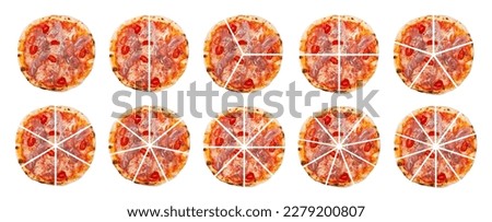 Set of ten fractions made of pizza cut into pieces isolated on white background