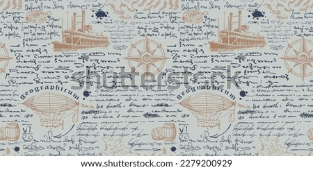Vector image of a seamless texture for printing on fabric and paper in the style of a medieval marine record of the diary of a captain, traveler, sketch text lorem ipsum Royalty-Free Stock Photo #2279200929