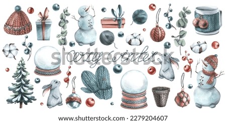 New Year's set of watercolor illustrations COZY WINTER with a snowman, gifts, a snow globe, a Christmas tree and knitted items. For the design and design of postcards, posters, prints, stickers