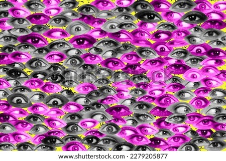 Creative texture graphics collage wallpaper with many multiple eye balls opinion influence control vision concept