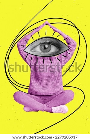 Creative funny poster collage of freak person with eye face hands above head thrid eye wisdom aura concept