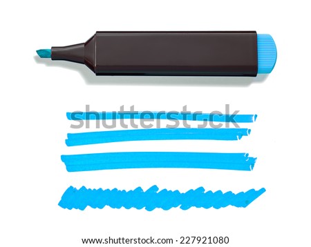 Blue Highlighter Pen and Doodles Isolated on White Background with Real Shadow and Text Space