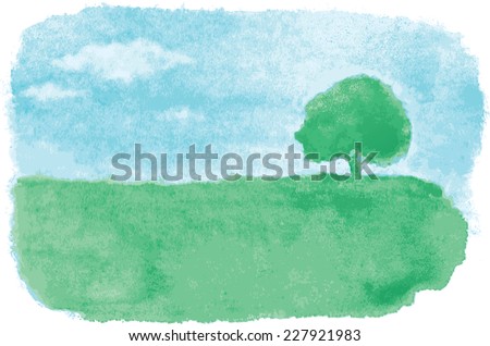 Summer. Summer landscape of green fields and alone tree at watercolor style 