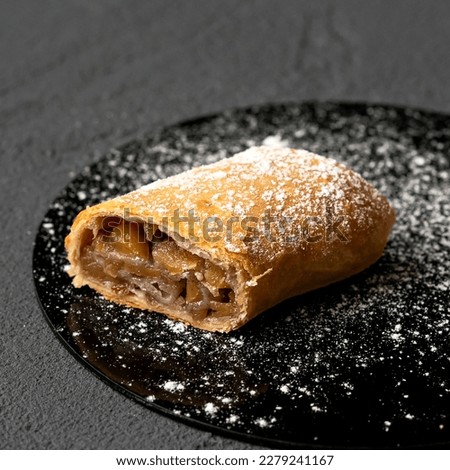 Austrian strudel with apple and cinnamon. Serving of dessert on black plate sprinkled with powdered sugar. Gray background. Side view. Close-up. Soft focus. 