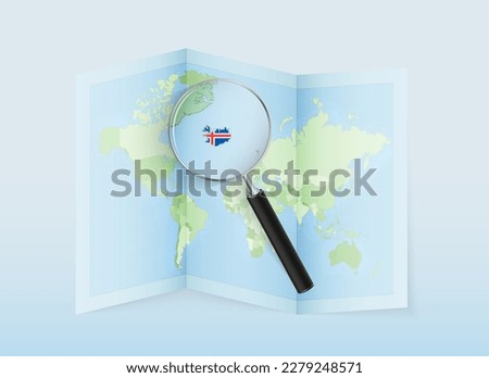 A folded world map with a magnifying lens pointing towards Iceland. Map and flag of Italy in loupe. Vector illustration in blue color tone.