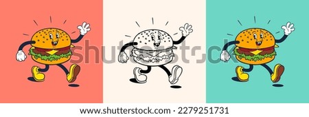 Burger mascot in retro rubber hose cartoon style. Royalty-Free Stock Photo #2279251731